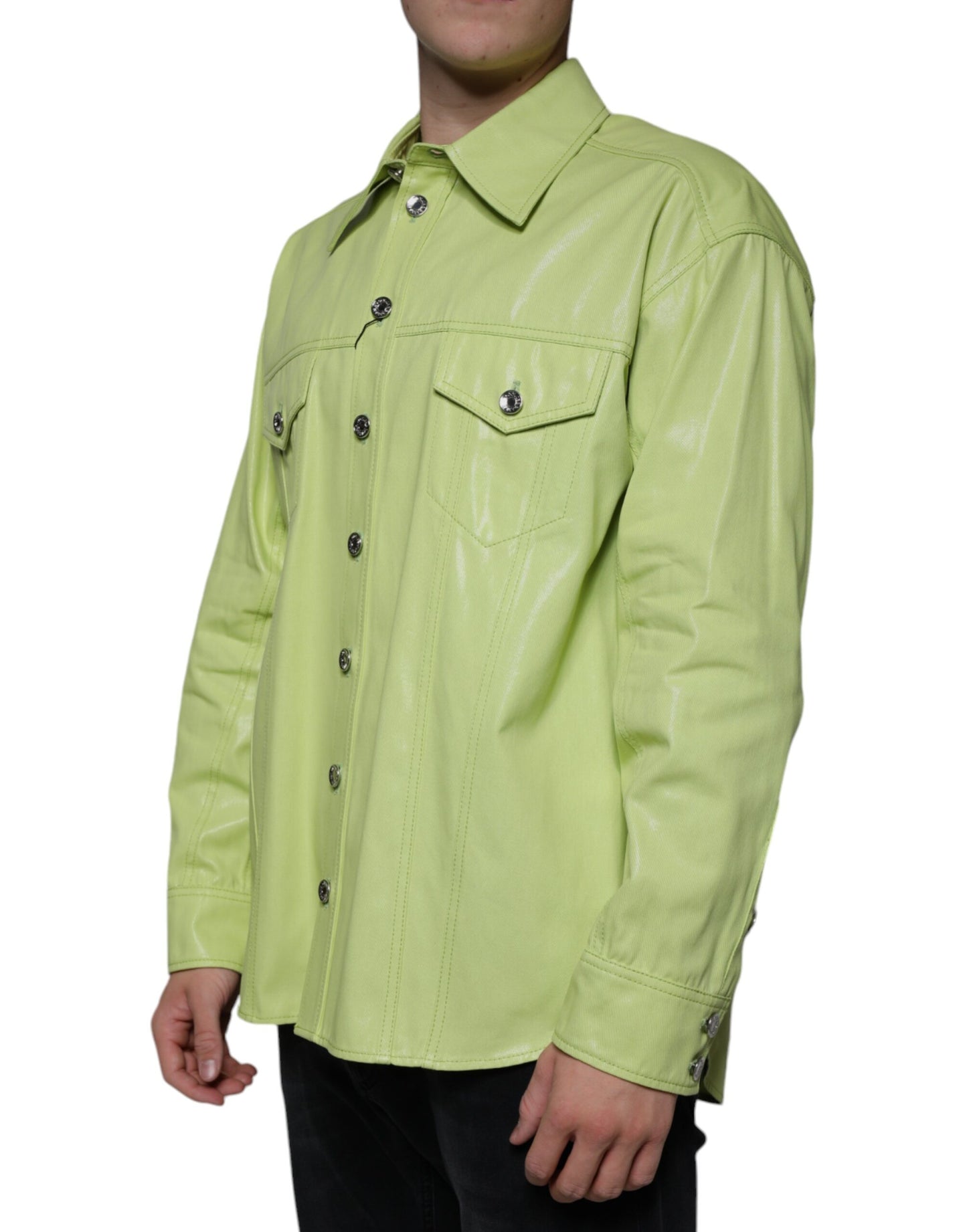 Chemise boutonnée à col en coton vert pour homme