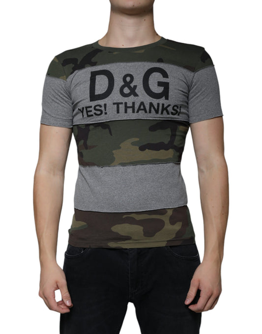 T-shirt col rond en coton camouflage multicolore