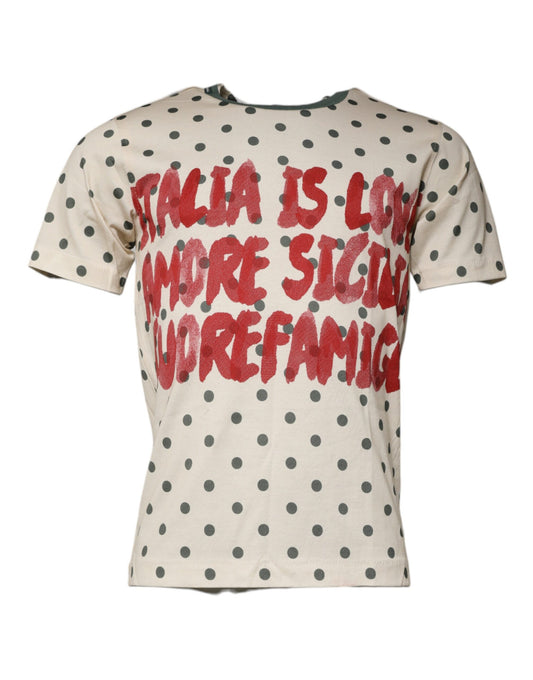 T-shirt en coton beige à pois et imprimé graphique