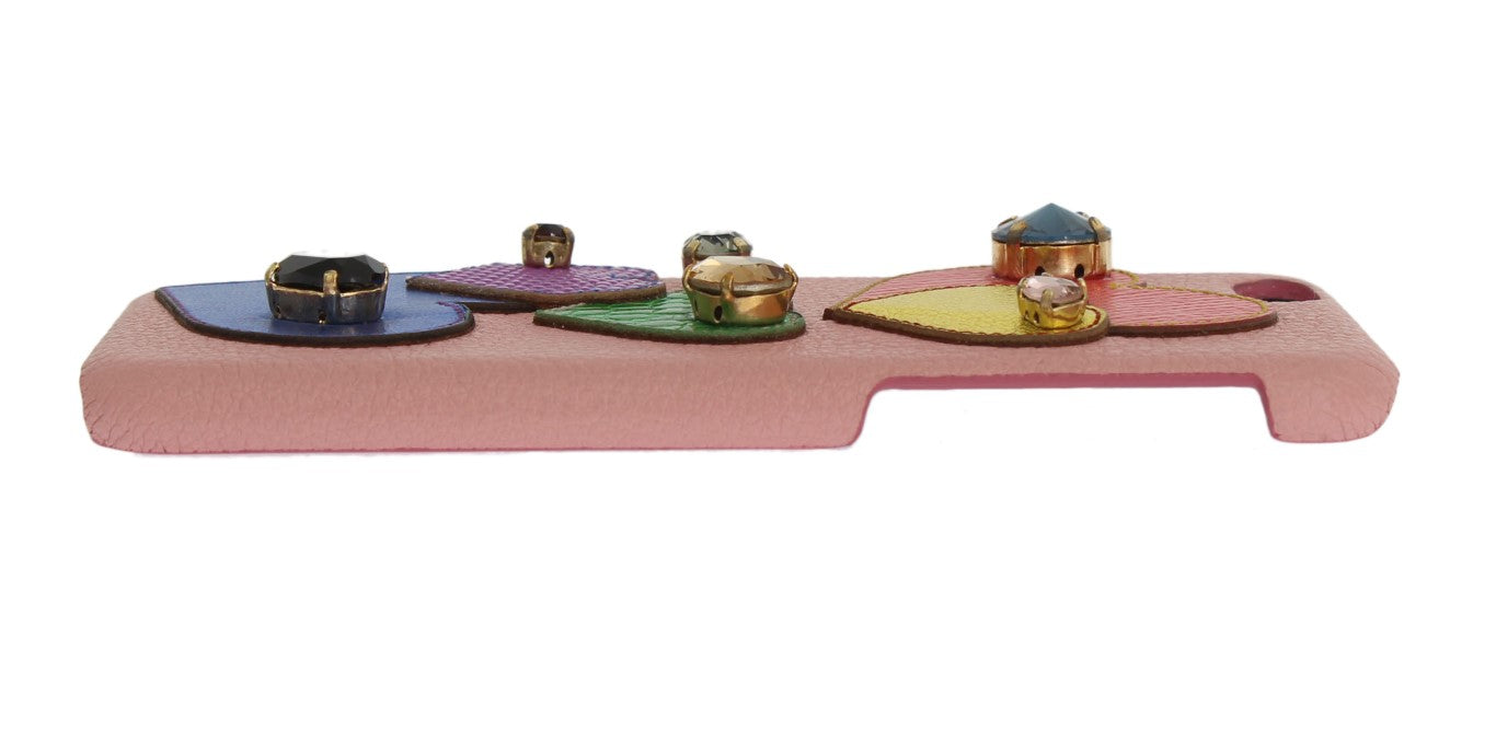 Funda para teléfono de cuero rosa con cristales y corazón