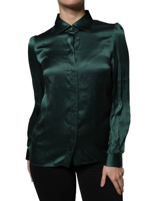 Blusa de manga larga con botones de seda verde oscuro