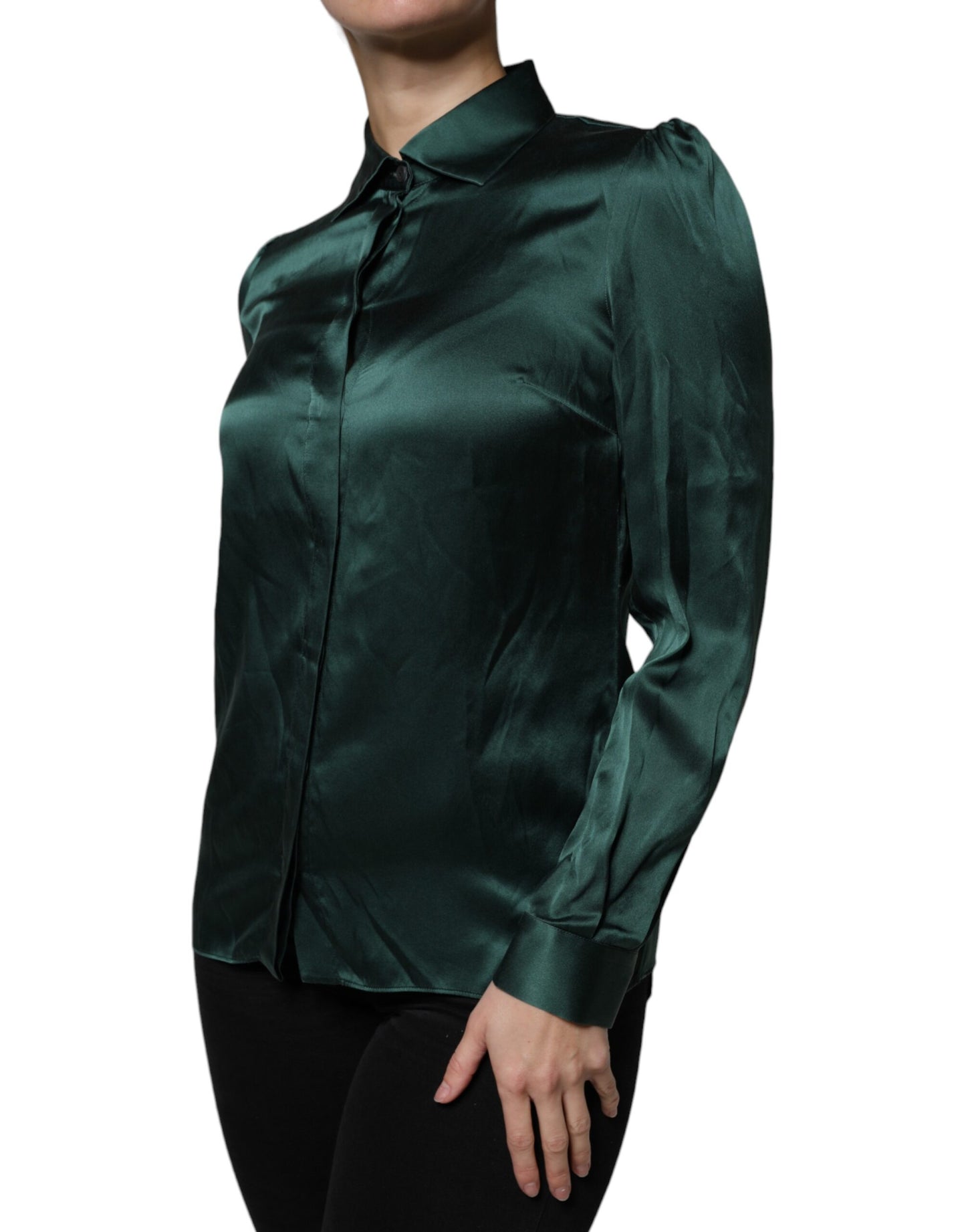 Blusa de manga larga con botones de seda verde oscuro