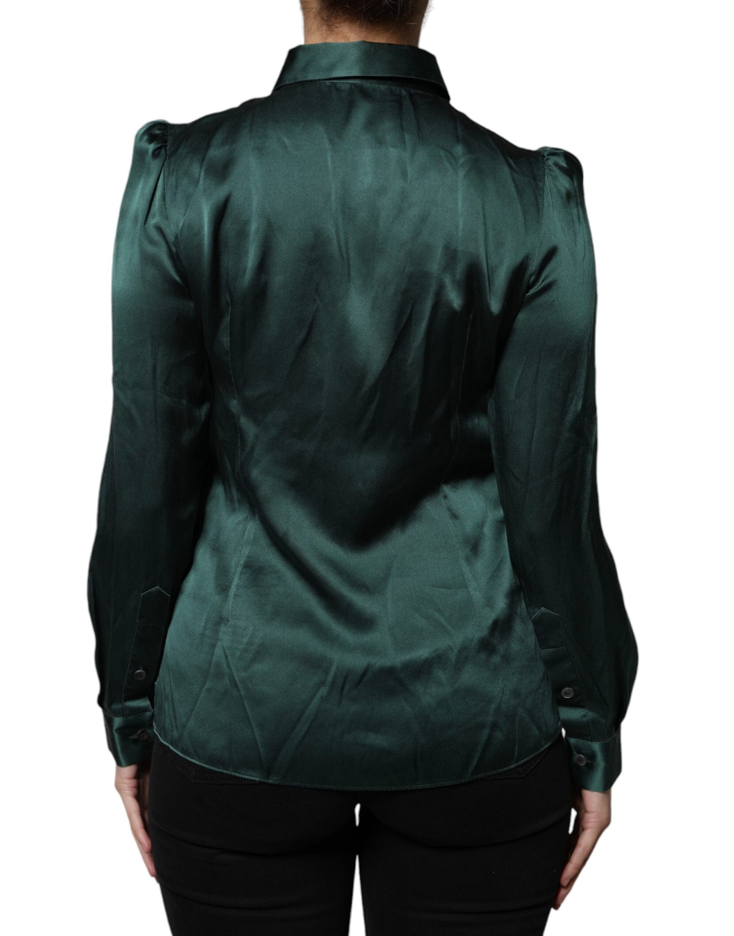 Blusa de manga larga con botones de seda verde oscuro