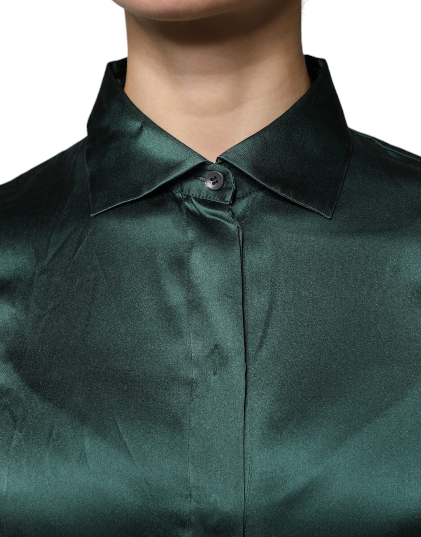 Blusa de manga larga con botones de seda verde oscuro