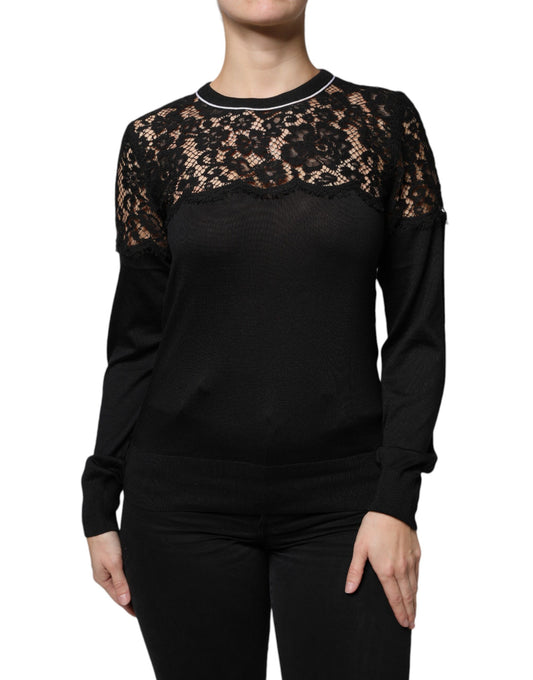 Blusa de seda con encaje floral negro