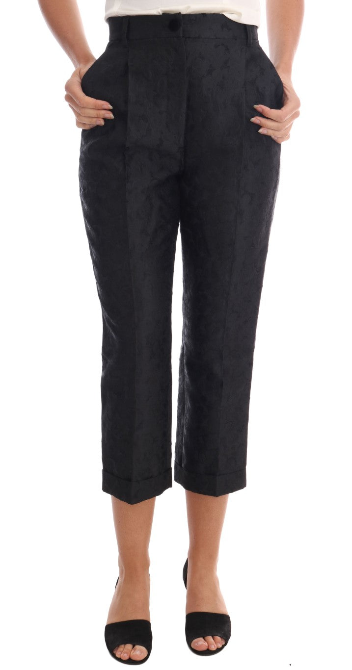 Pantalones capri con brocado floral negro