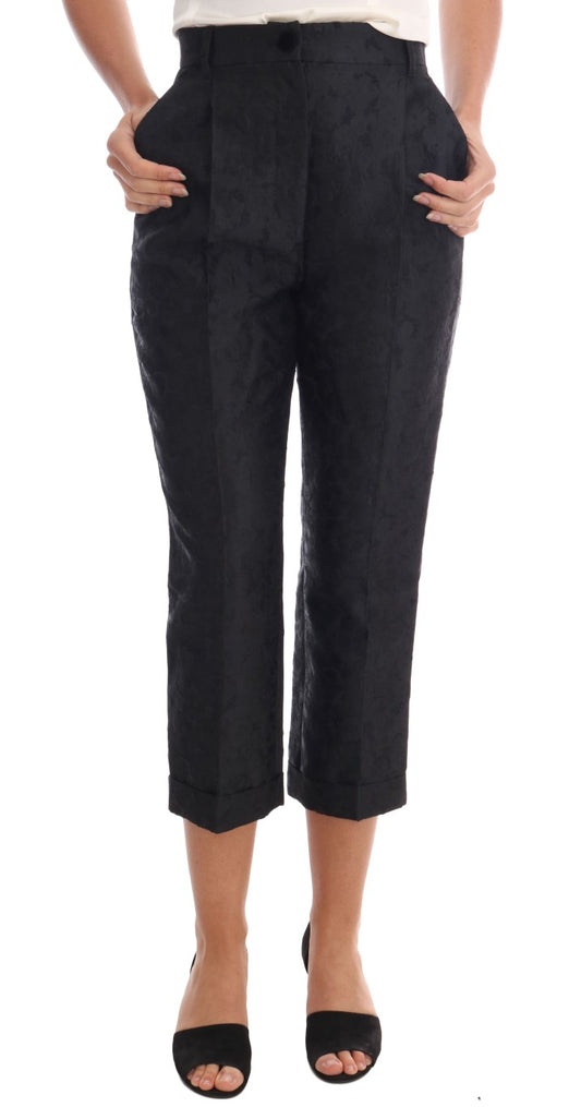 Pantalones capri con brocado floral negro