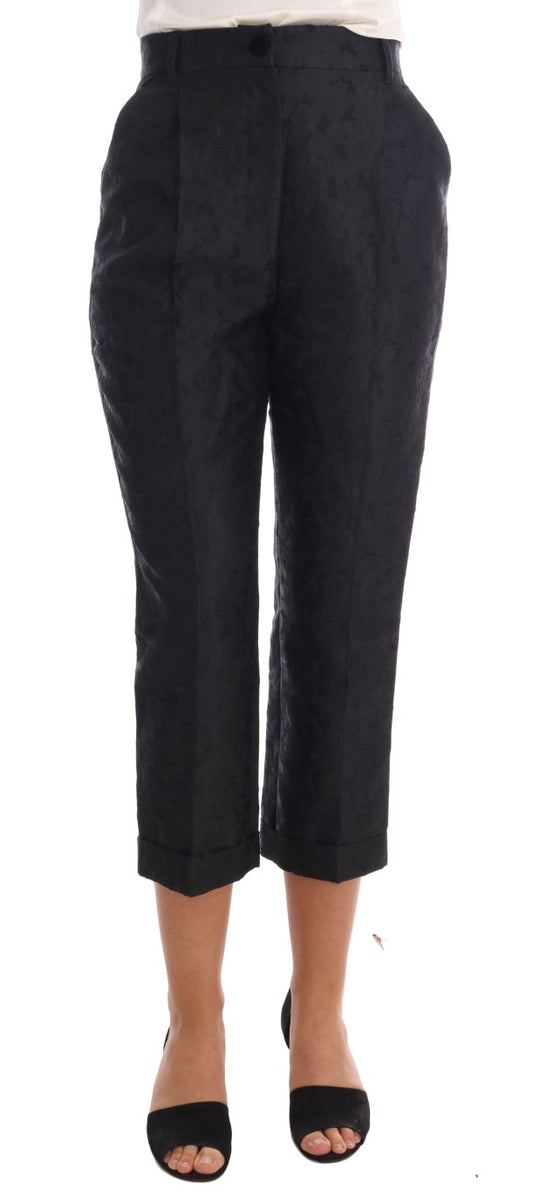 Pantalones capri con brocado floral negro