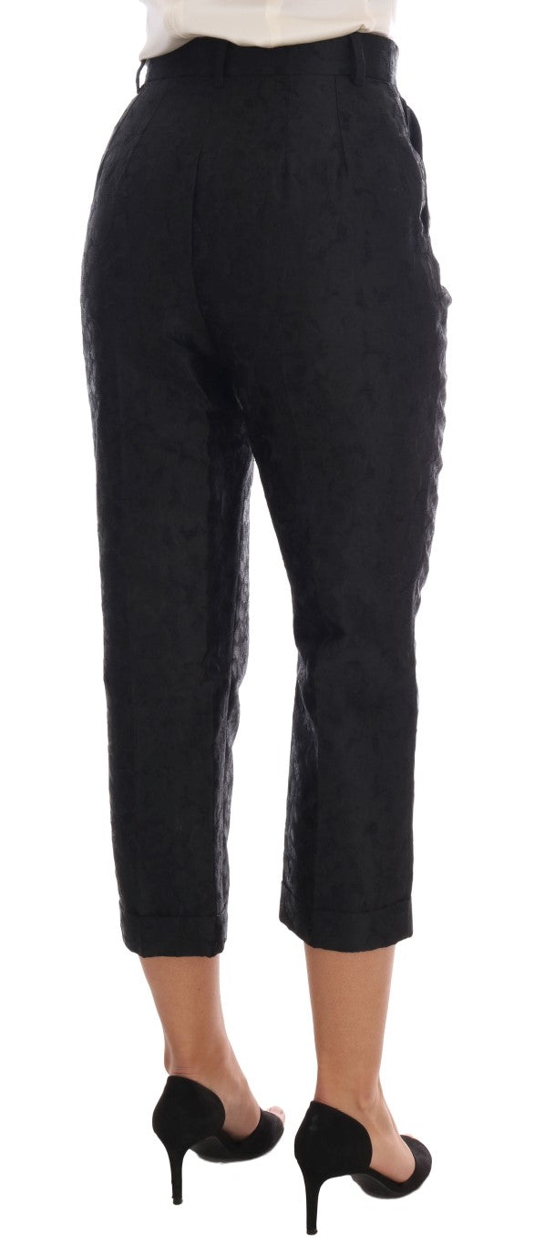 Pantalones capri con brocado floral negro