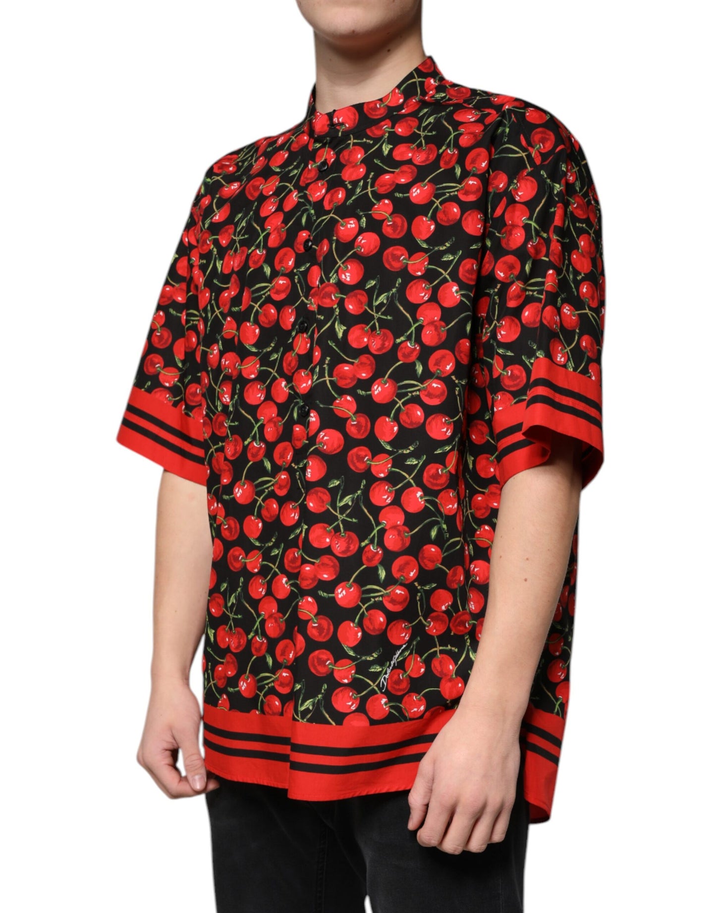 Camisa informal de algodón con botones y estampado de cerezas negras