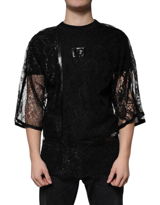 T-shirt ras du cou en nylon noir à fleurs et dentelle