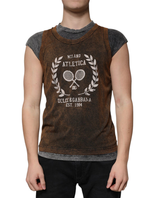 T-shirt sans manches à col rond en coton marron