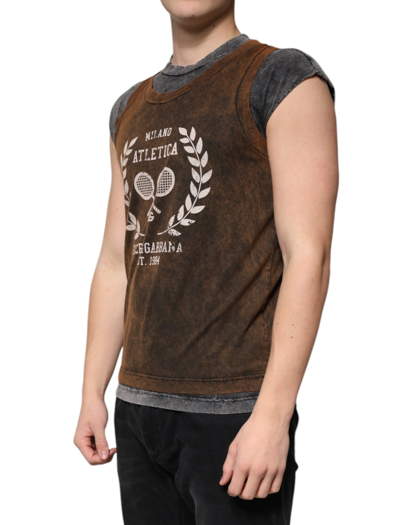 T-shirt sans manches à col rond en coton marron