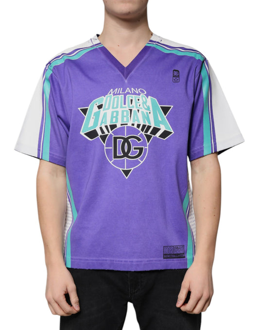 T-shirt col V en jersey de coton avec logo violet