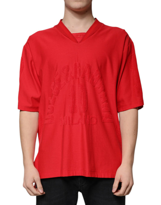 T-shirt rouge en coton à manches courtes et col en V