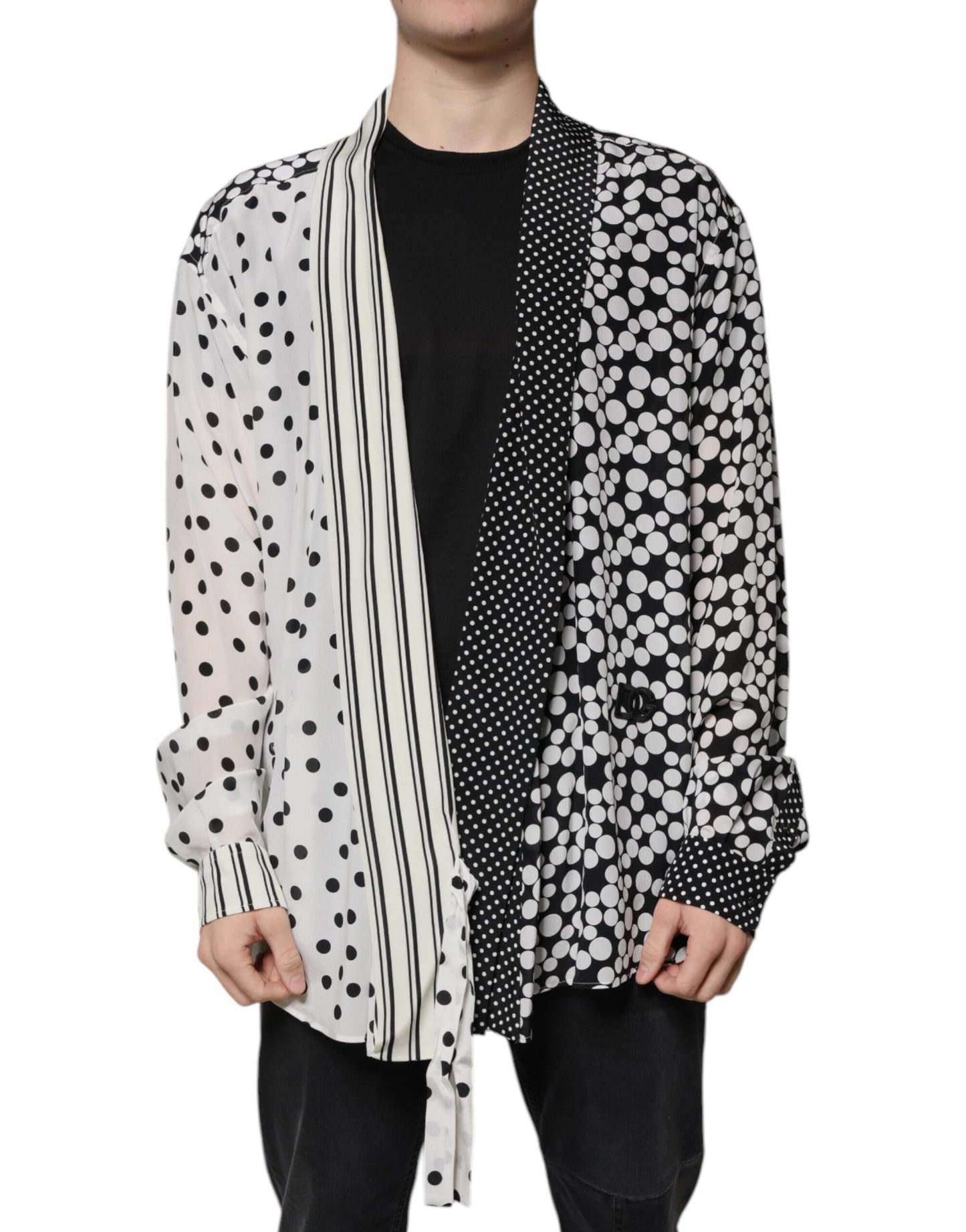 Chemise décontractée en soie à pois noirs et blancs pour homme