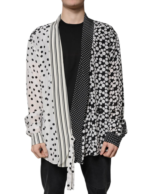 Chemise décontractée en soie à pois noirs et blancs pour homme