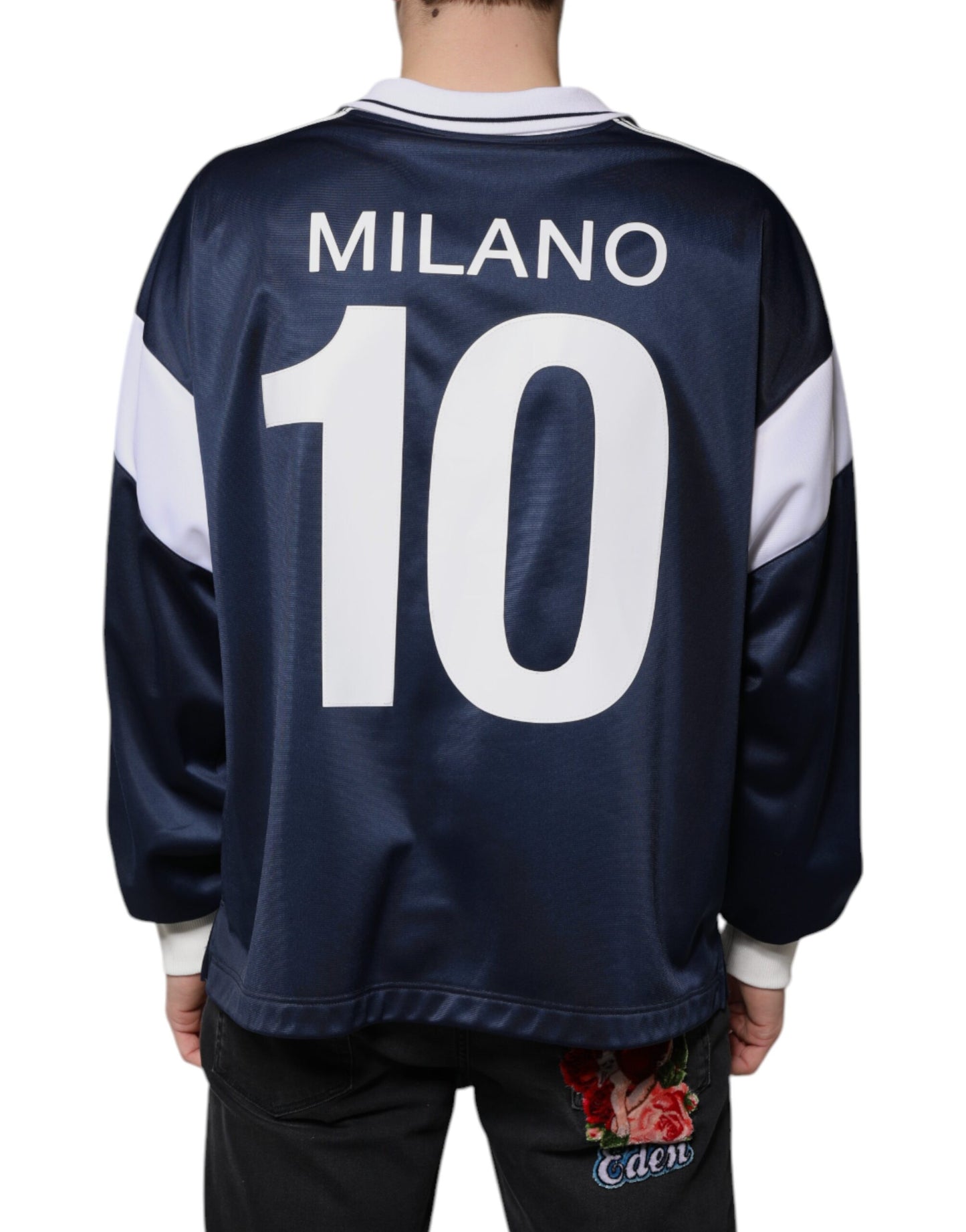 T-shirt à manches longues en jersey bleu et blanc Milano