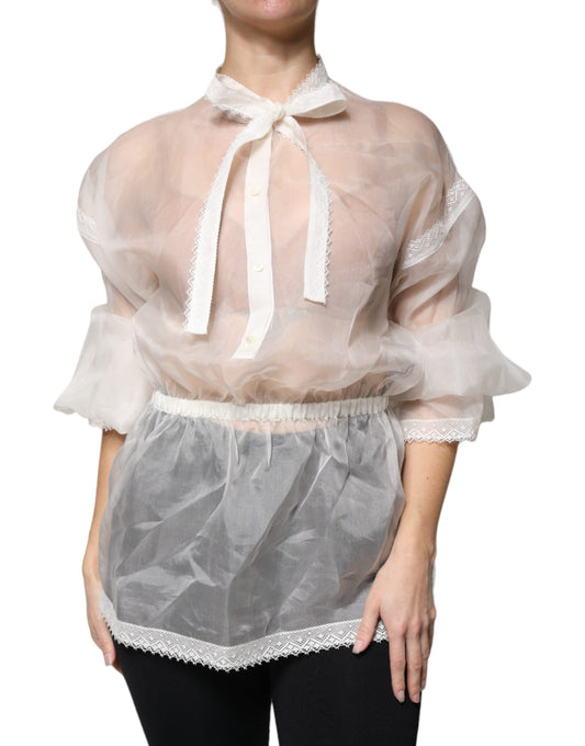 Blusa blanca de manga larga con cuello Ascot