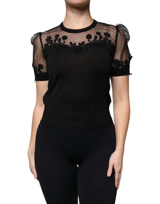 Blusa de manga corta con encaje floral negro