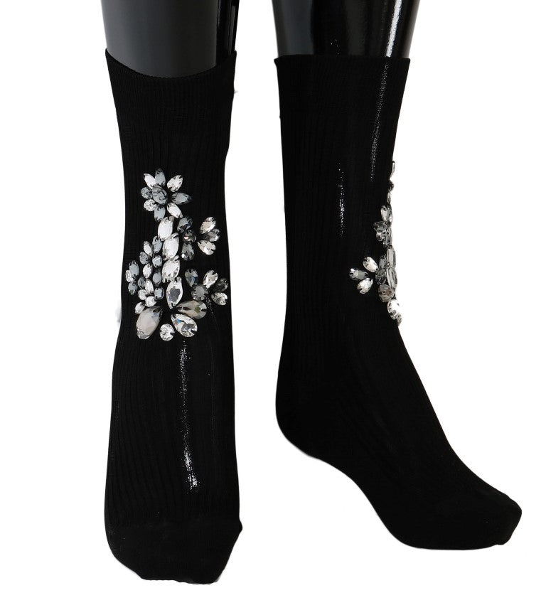 Calcetines negros de punto con flores y cristales transparentes