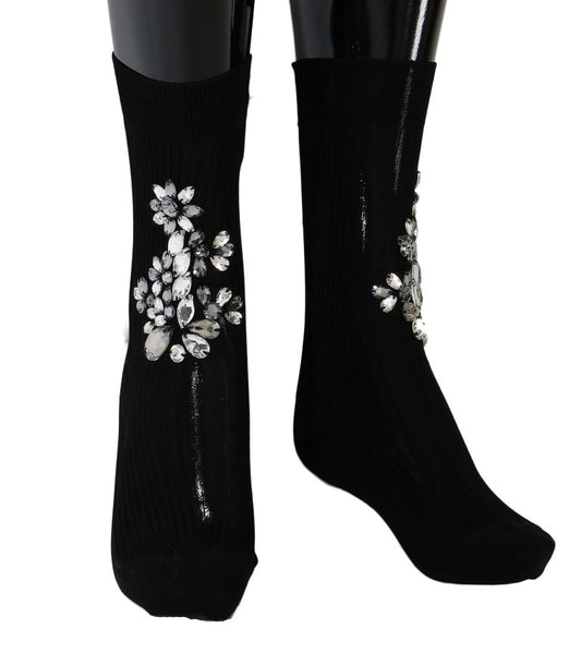 Calcetines negros de punto con flores y cristales transparentes