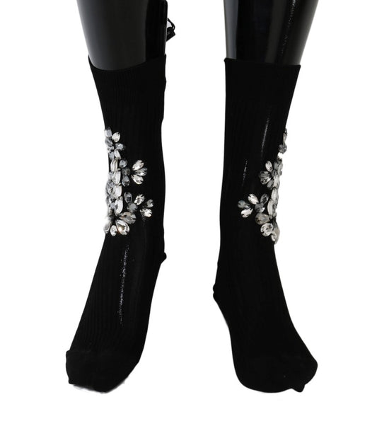 Calcetines negros de punto con flores y cristales transparentes