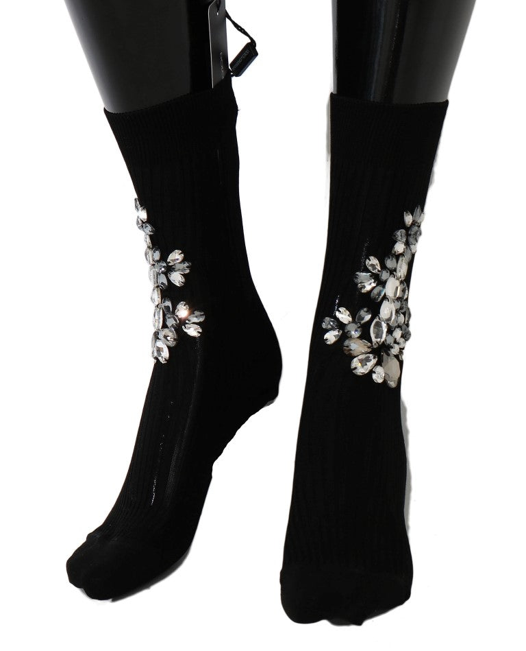 Calcetines negros de punto con flores y cristales transparentes