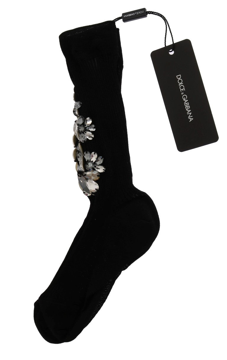Calcetines negros de punto con flores y cristales transparentes