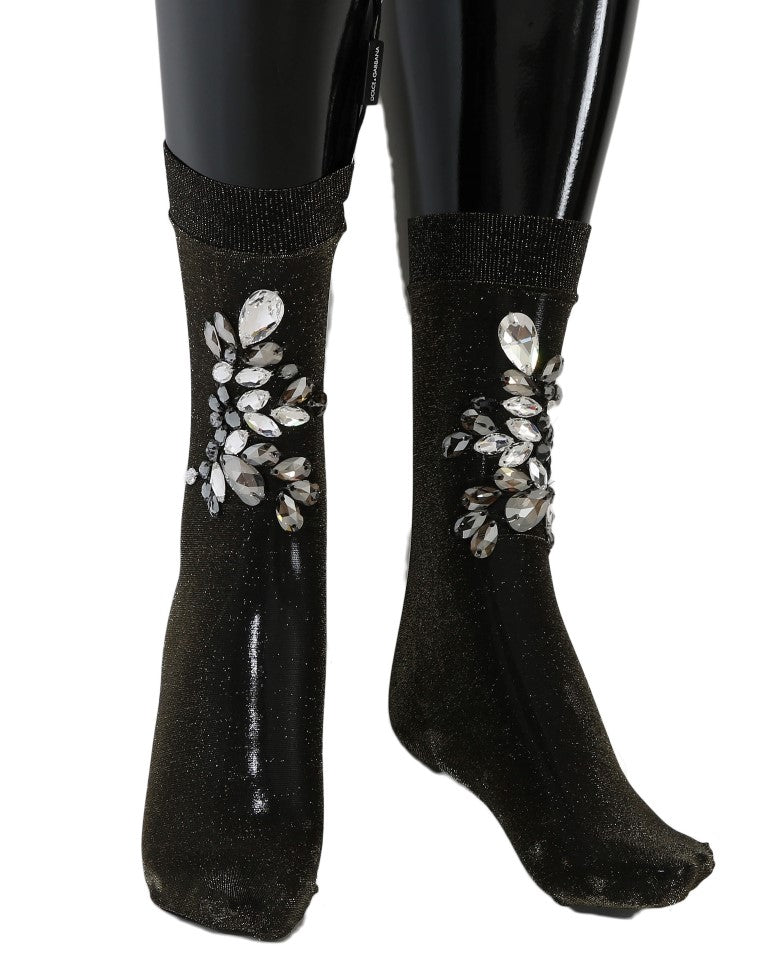 Calcetines elásticos negros con diseño floral y cristales transparentes