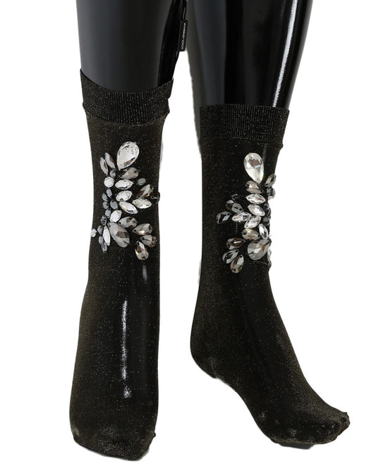 Calcetines elásticos negros con diseño floral y cristales transparentes
