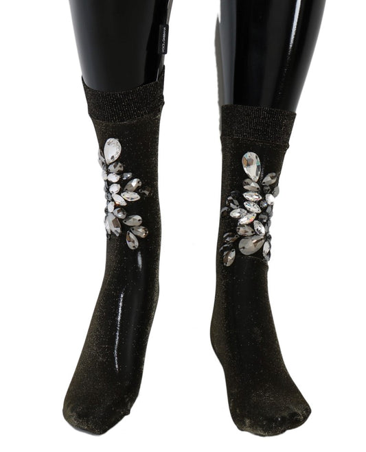 Calcetines elásticos negros con diseño floral y cristales transparentes