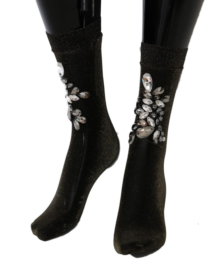 Calcetines elásticos negros con diseño floral y cristales transparentes
