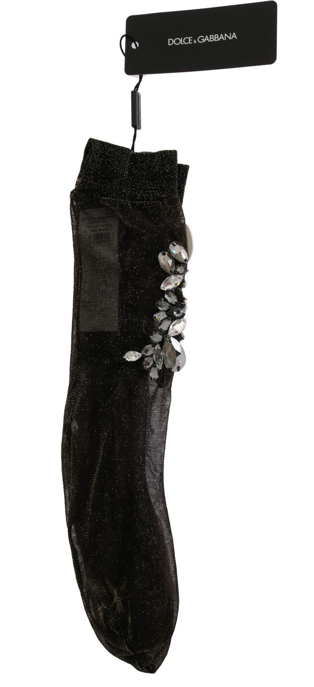 Calcetines elásticos negros con diseño floral y cristales transparentes