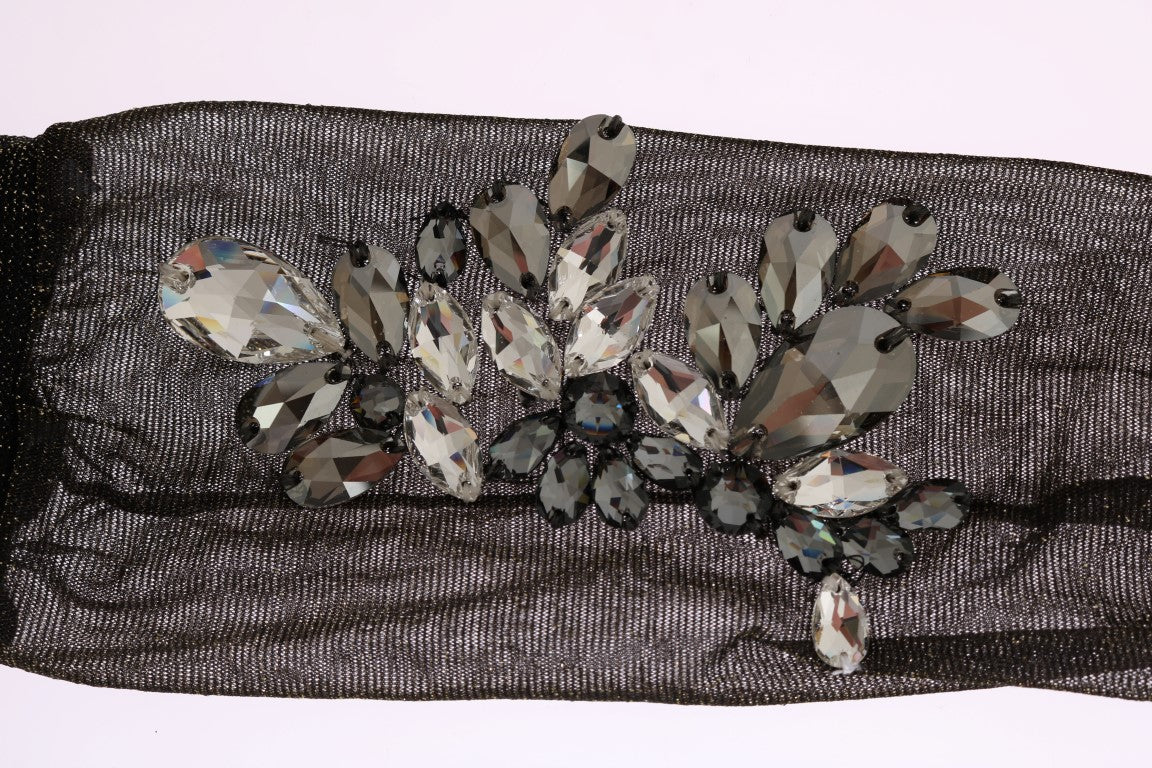 Calcetines elásticos negros con diseño floral y cristales transparentes
