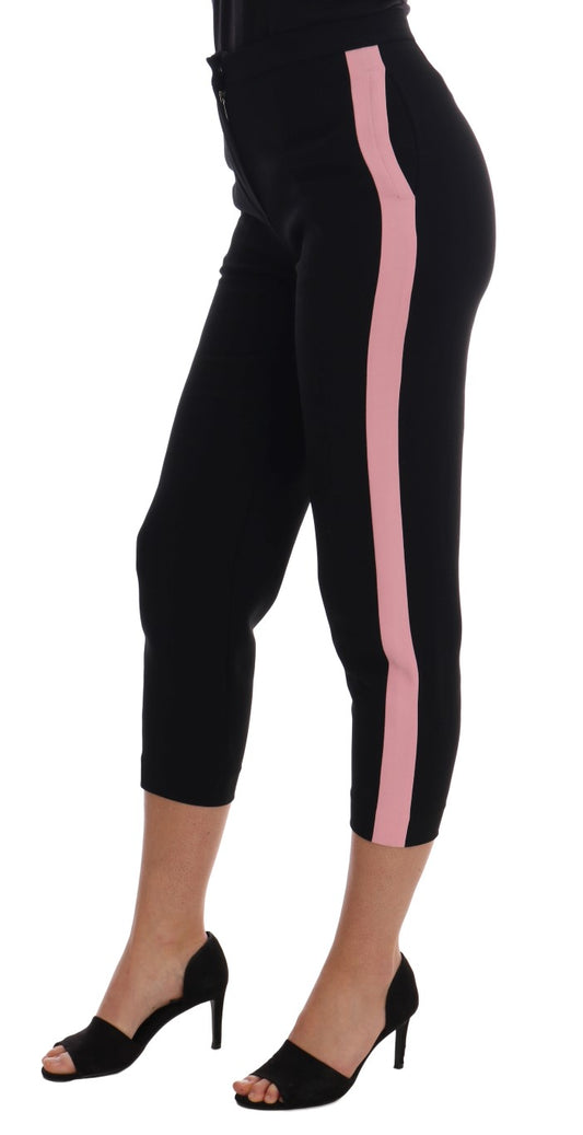 Pantalones capri negros elásticos con rayas rosas