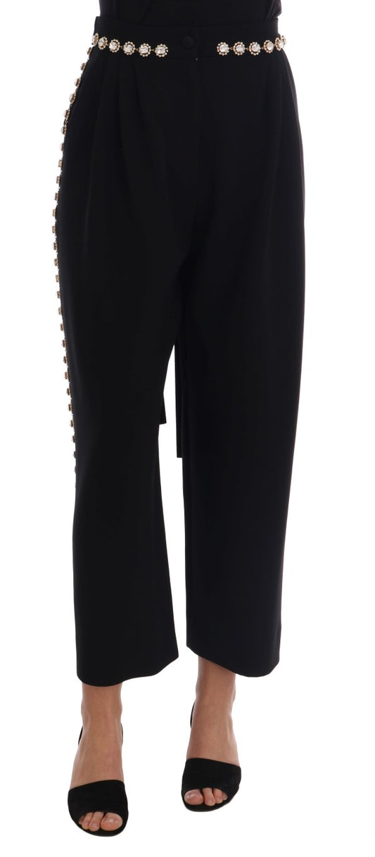 Pantalones de lana elástica negra con cristales