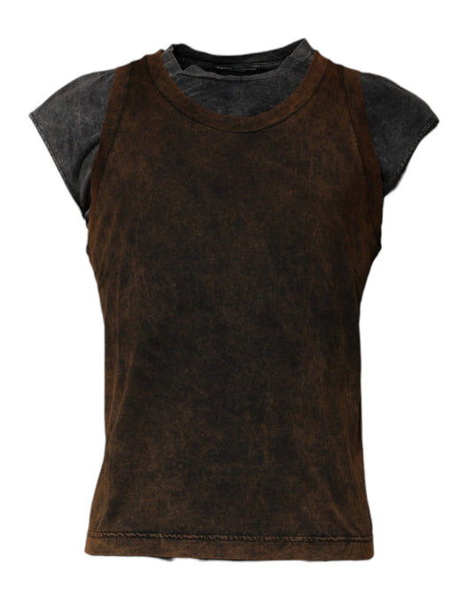 T-shirt sans manches à col rond en coton marron