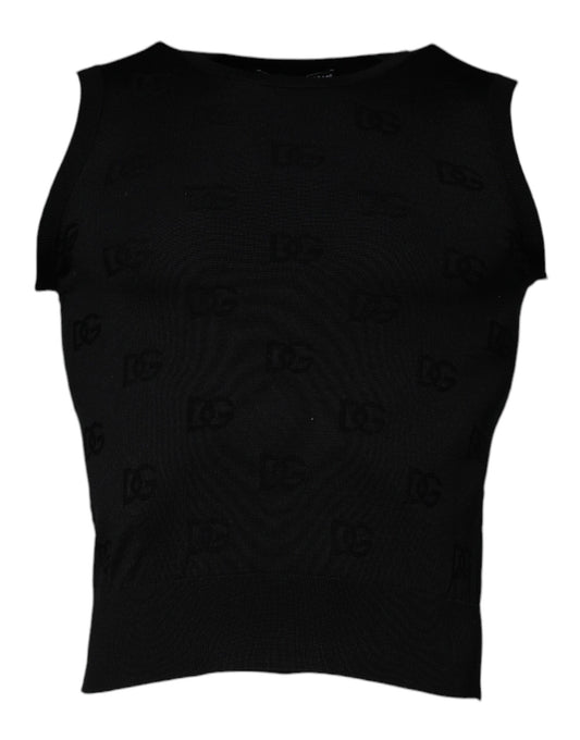 T-shirt sans manches à col rond en soie noire