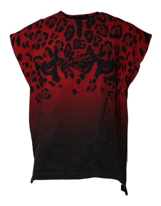 T-shirt sans manches en coton à imprimé léopard rouge
