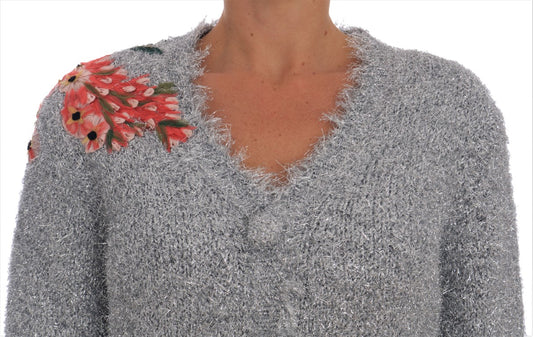 Suéter con apliques florales y cárdigan plateado