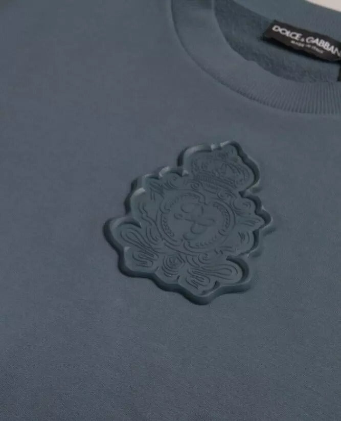 Suéter de cuello redondo con parche de logotipo de algodón azul para hombre