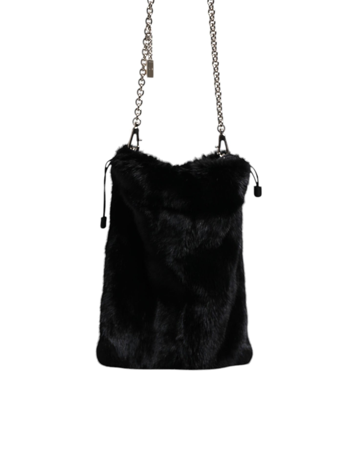 Sac à bandoulière en fausse fourrure noire avec chaîne argentée