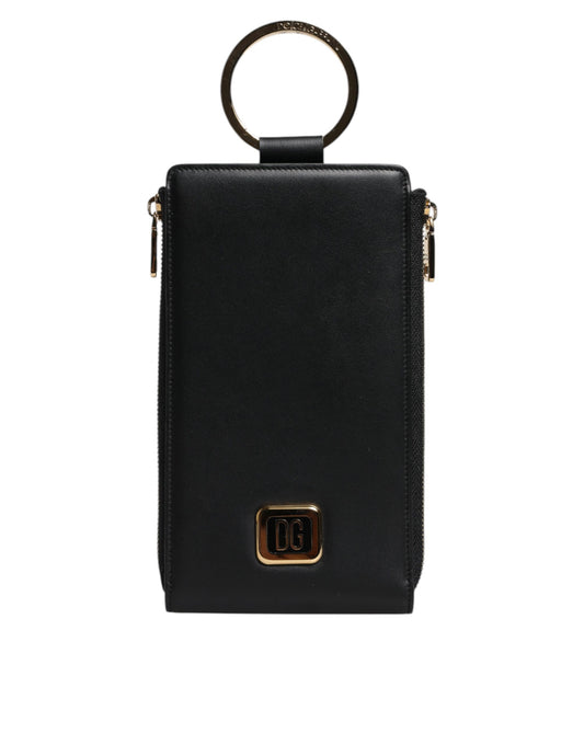 Cartera para tarjetas y monedas con correa para el cuello y placa con logotipo de cuero negro
