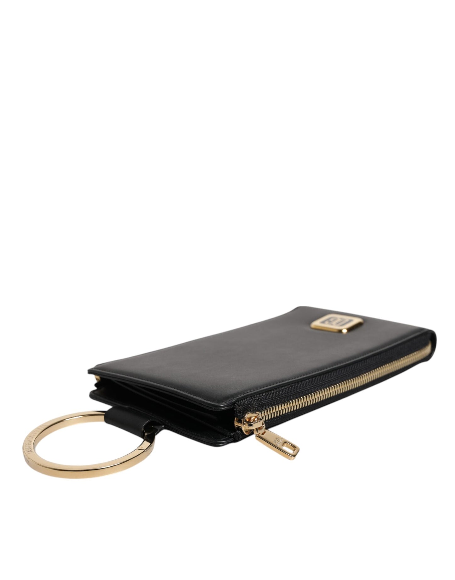 Cartera para tarjetas y monedas con correa para el cuello y placa con logotipo de cuero negro