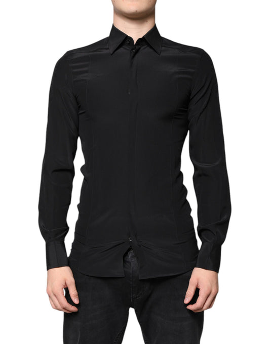 Chemise en soie noire à manches longues dorée
