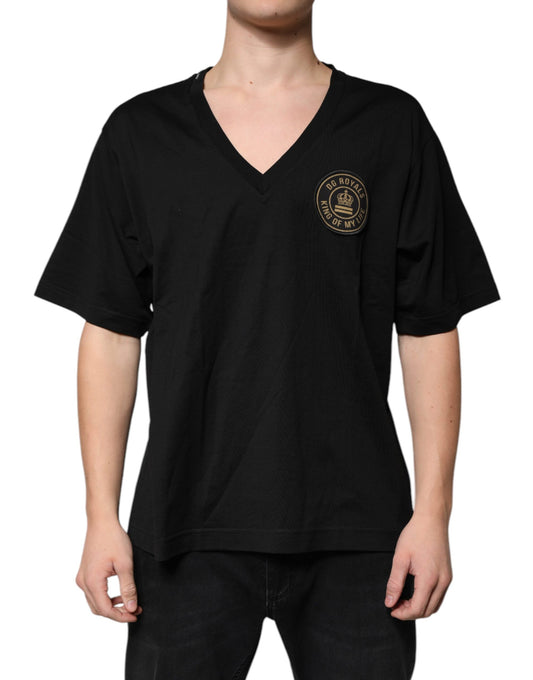 T-shirt à manches courtes et col en V en coton noir avec logo