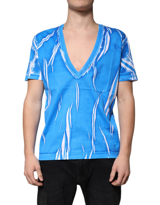 T-shirt bleu en coton à col en V et manches courtes