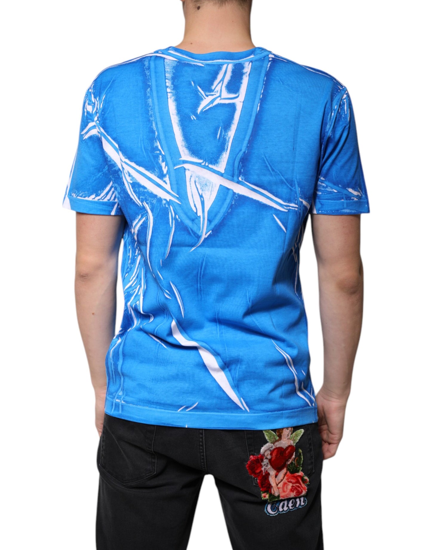 T-shirt bleu en coton à col en V et manches courtes