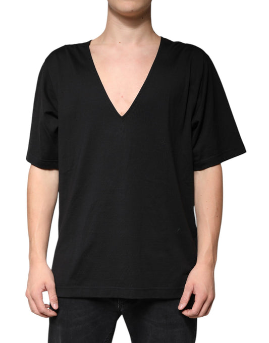 T-shirt noir à manches courtes et col en V en coton
